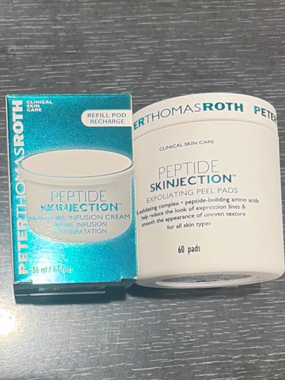 Peter Thomas Roth Peptide Skinfection Exfoliating Peel Pads and moisture cream